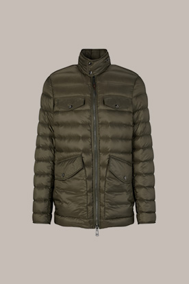 Veste treillis en nylon surpiqué avec col relevé, couleur olive