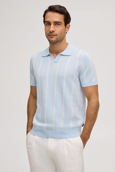 Leinenmix-Polo Lindo in Hellblau-Grau gestreift