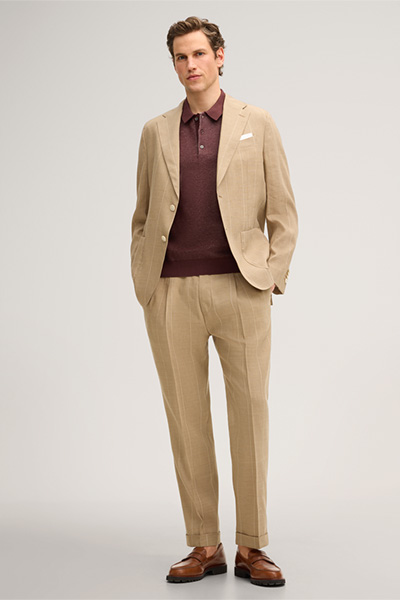 Schurwollmix-Baukasten-Hose Sapo mit Leinen und Bundfalte in Beige mit Nadelstreifen