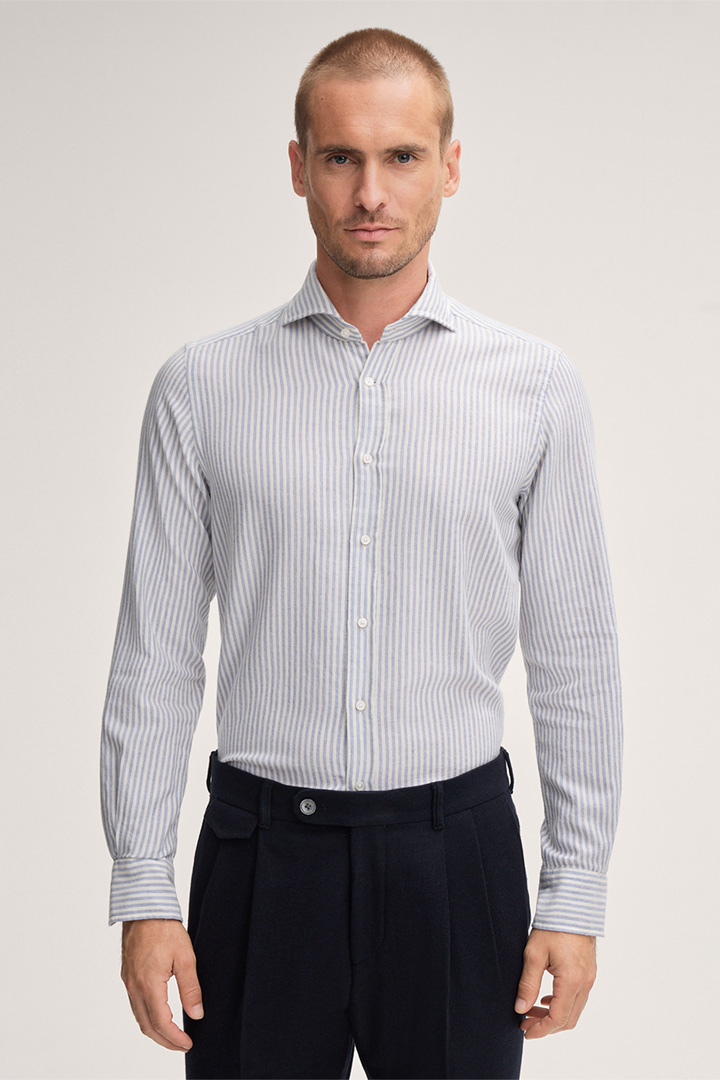 Leads to product detail page "Lano Cotton Shirt in Blue and Wool White Stripes"
