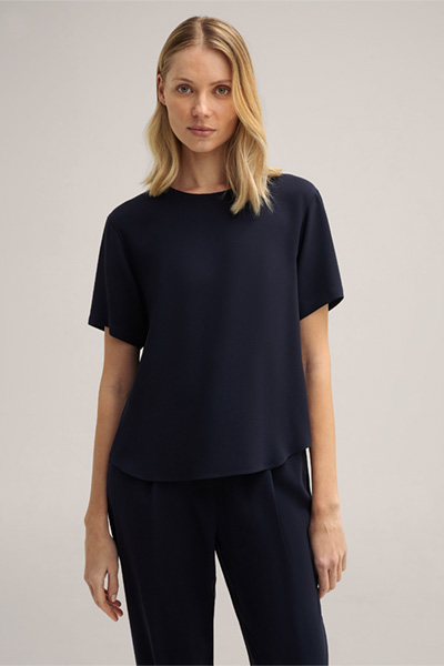 Crêpe Short-Sleeved Blouse in Navy