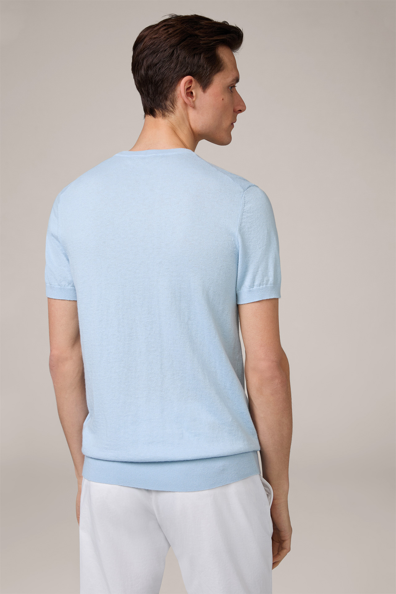 Cashmino Cotton Knitted T-Shirt with Cashmere in Light Blue