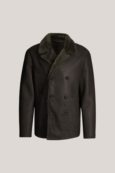 Veste Cabano en cuir et fourrure d’agneau, couleur olive