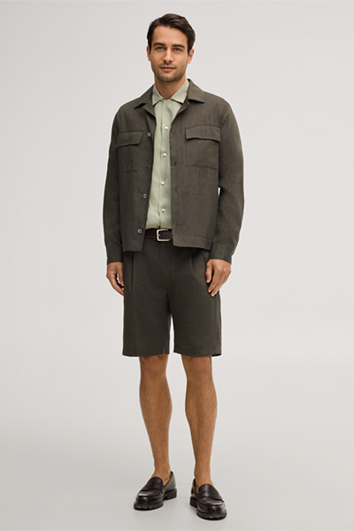 Linen blend modular overshirt Lavoro with wool in dark green