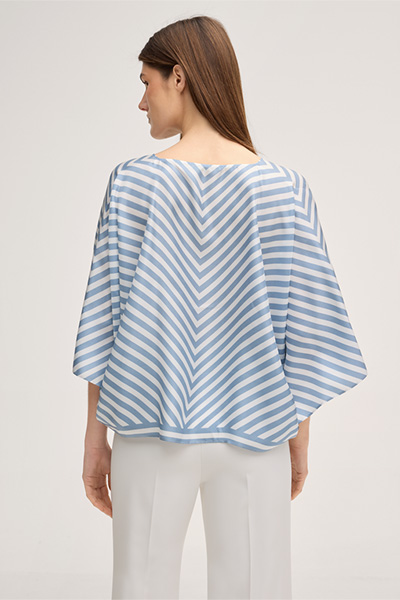 Silk poncho without sleeves in ecru and light blue stripes