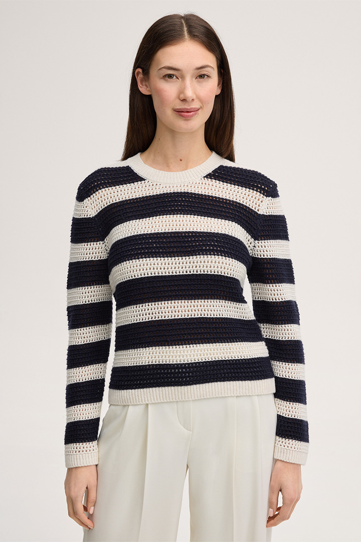 Führt zu Produktdetailseite „Schurwoll-Cashmere-Pullover in Navy-Ecru gestreift"