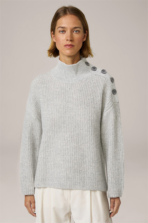 Virgin Wool Pullover with Cashmere and a Stand-up Collar in a Light Grey Pattern