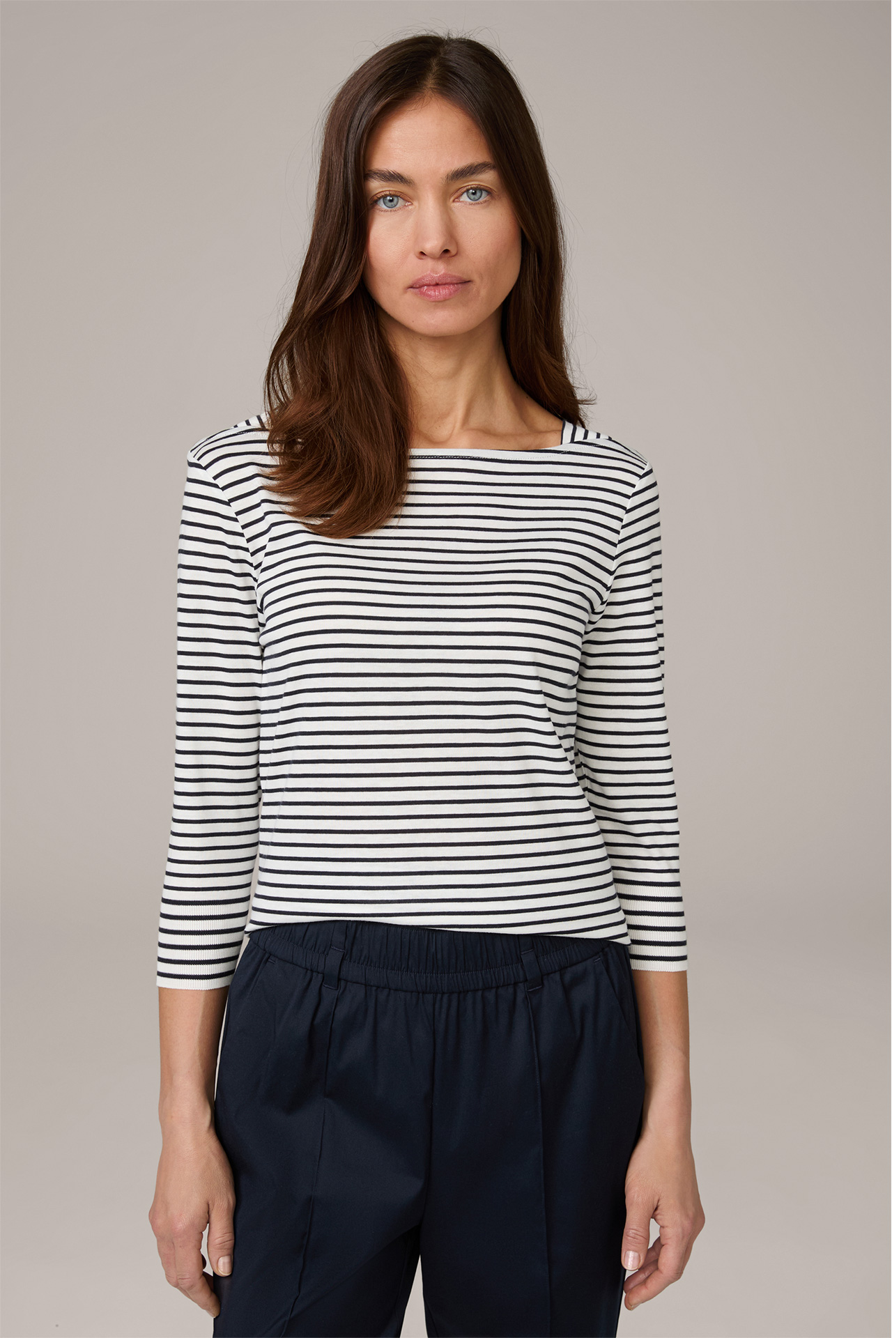 Tencel/Cotton Shirt in Navy and Ecru Stripes
