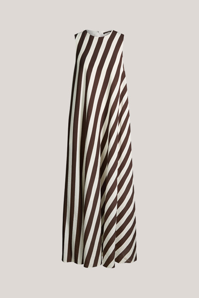 Robe longue en mélange viscose-lin, rayée écru et marron foncé