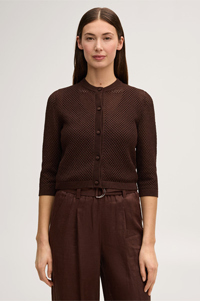 Führt zu Produktdetailseite „Viskosemix-Cardigan mit Netzstruktur in Dunkelbraun"