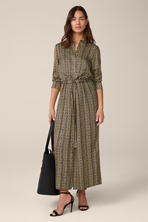 Printed Viscose Shirt Dress in a Black and Beige Pattern