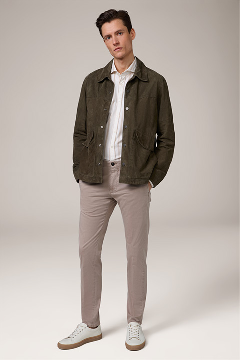 Oriolo Goatskin Suede Leather Jacket with Shirt Collar in Olive