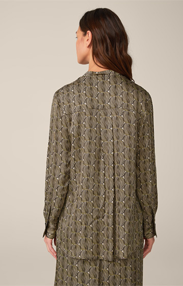Printed Viscose Shirt Blouse in a Black and Beige Pattern