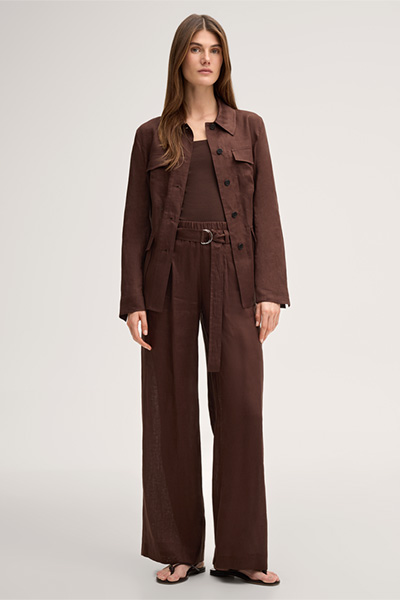 Leinen-Palazzo-Bundfalten-Hose mit Gürtel in Dunkelbraun