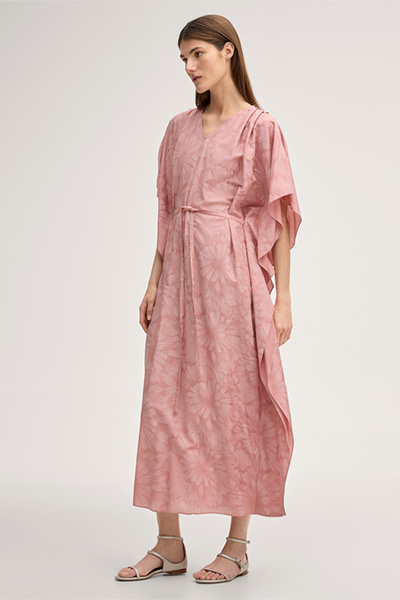 Viscose silk blend print kaftan dress with belt in pink