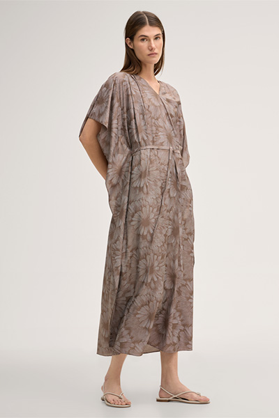 Viscose silk blend print kaftan dress with belt in brown