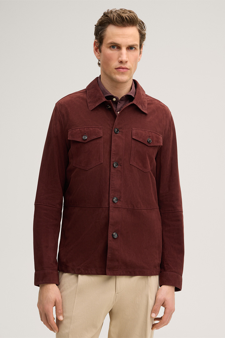 Leads to product detail page "Oleano Suede Overshirt in Bordeaux Red"