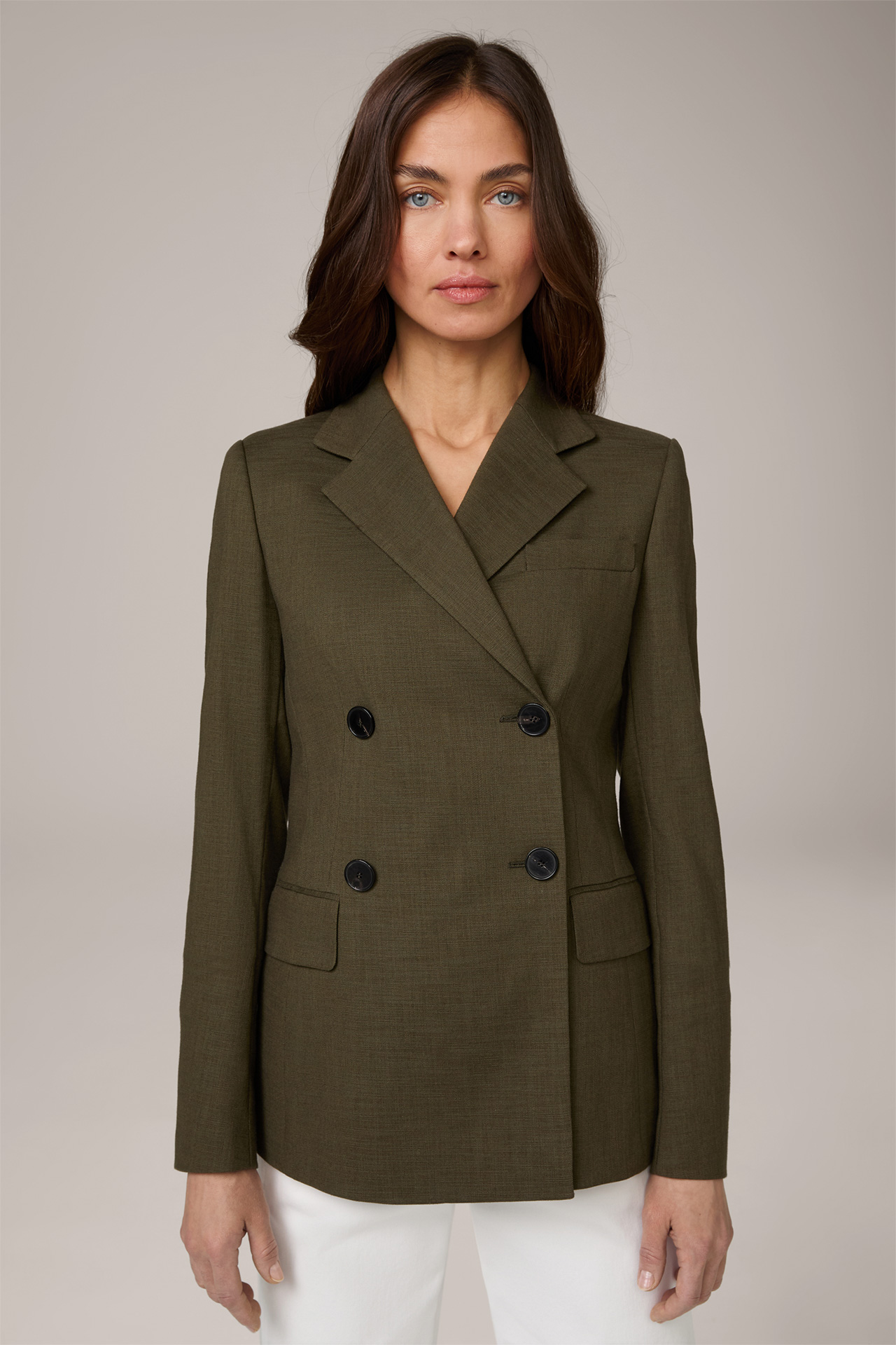 Cotton Mix Double-Breasted Blazer in Olive