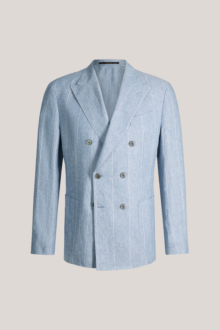 Leads to product detail page "Salio double-breasted linen modular jacket in blue with pinstripes"
