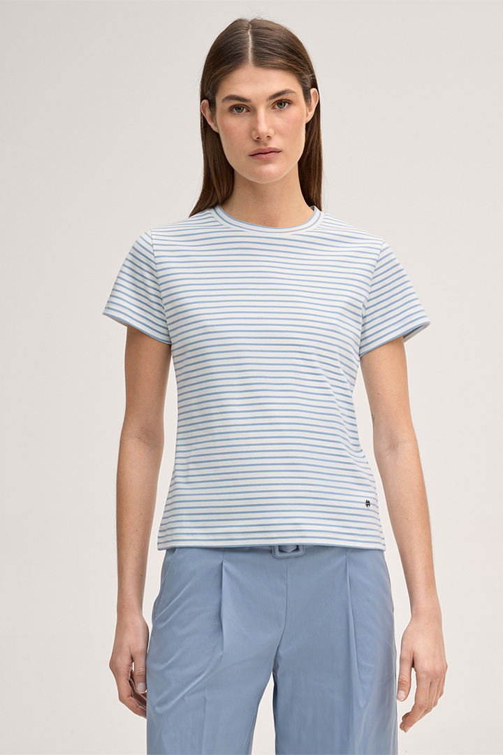 Leads to product detail page "Cotton interlock T-shirt in light blue and ecru stripes"