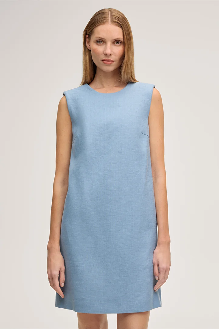 Leads to product detail page "Light blue sleeveless mini-length stretch linen eggshape dress"