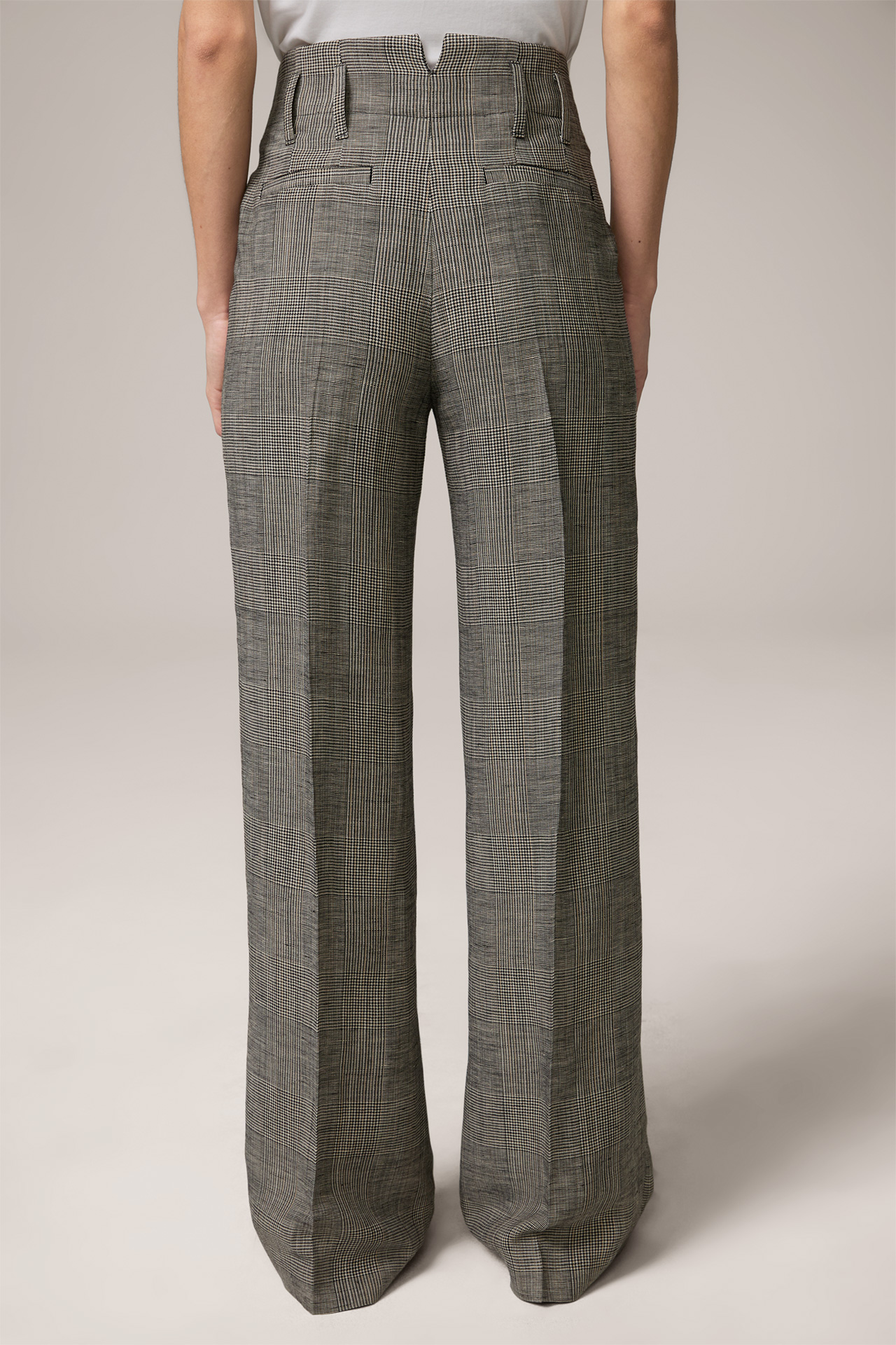 Linen Mix Palazzo Trousers in a Black and Ecru Pattern