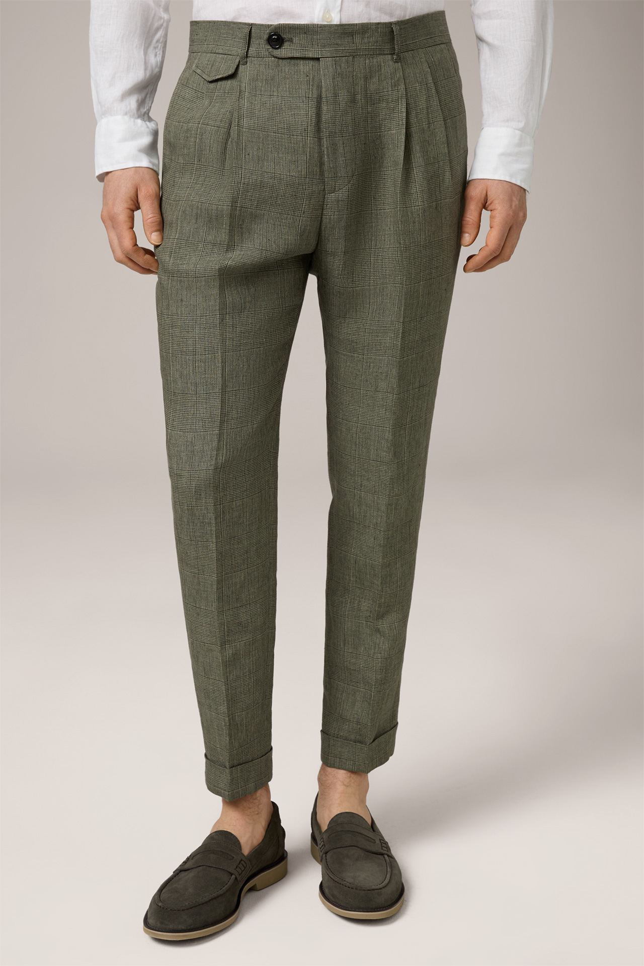 Sapo Modular Pleated Linen Trousers in a Green Pattern