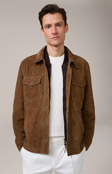 Cossato Goatskin Suede Leather Shirt Jacket with Inlay in Tobacco