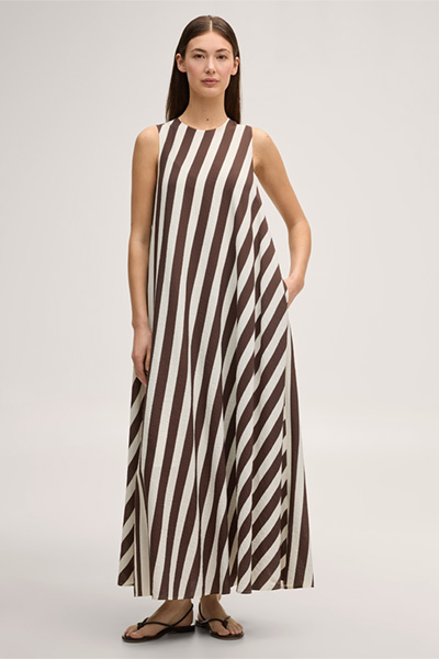 Viscose-linen blend maxi dress in ecru and dark brown stripes