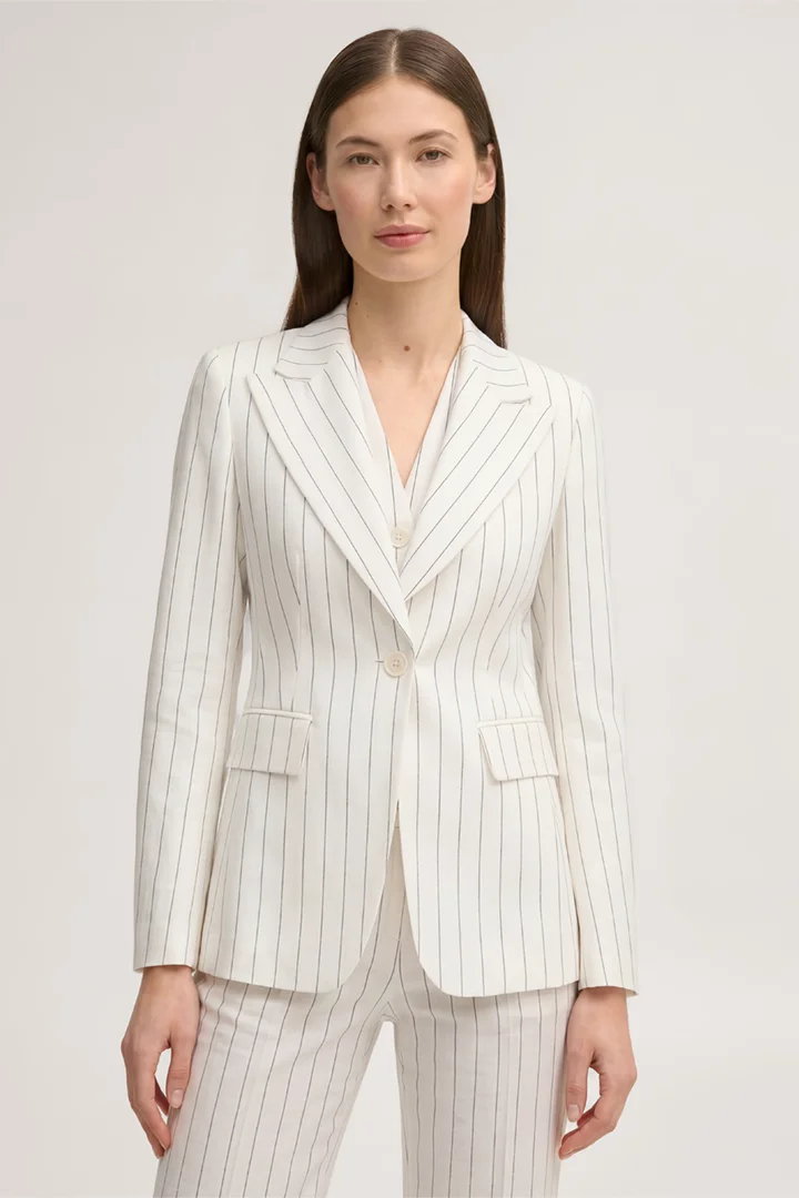 Leads to product detail page "Pinstriped linen-blend blazer in ecru and black"