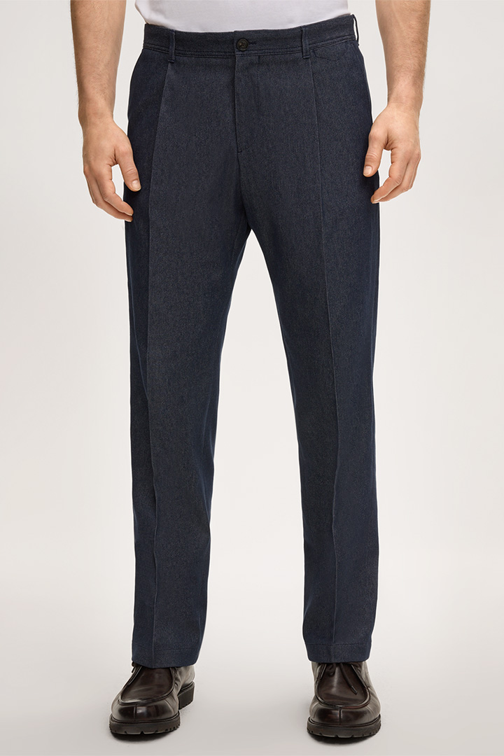 Führt zu Produktdetailseite „Baumwollmix-Hose Faso mit Bundfalte in Denim Dunkelblau"