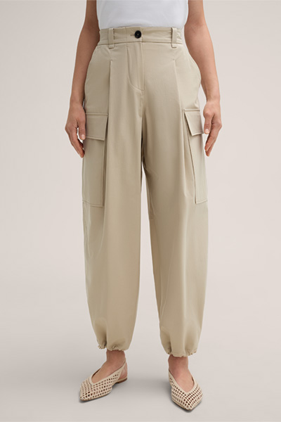 Baumwollstretch-Gabardine-Cargo-Ballon-Hose in Beige