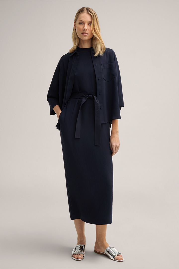 Crêpe Maxi Dress with Stand-up Collar and Belt in Navy