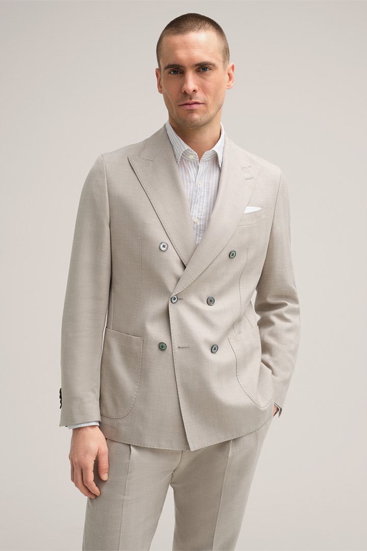 Wool Blend Modular Double-breasted Salerno Jacket with Silk and Linen in Textured Beige