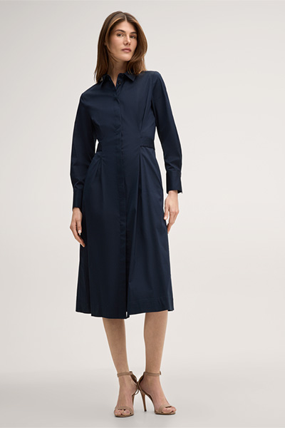 Midi-length stretch cotton shirt dress with shirt collar in navy