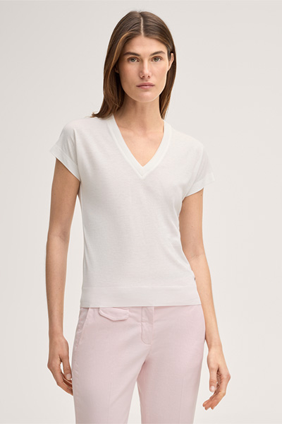 Lyocell-Baumwoll T-Shirt mit V-Ausschnitt in Ecru