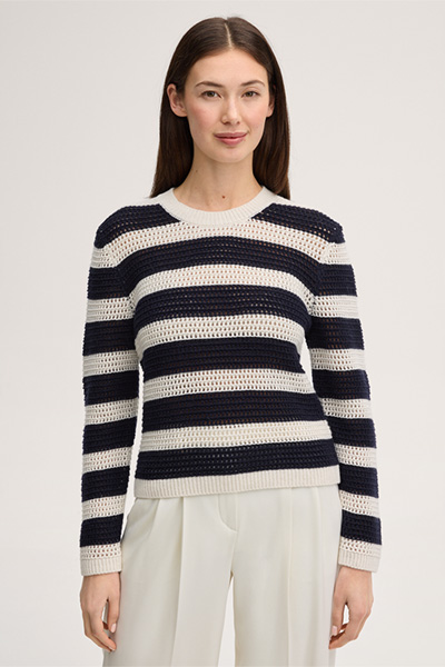 Schurwoll-Cashmere-Pullover in Navy-Ecru gestreift