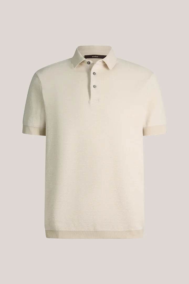 Führt zu Produktdetailseite „Baumwollmix-Polo Tulio mit Leinen in Beige meliert"