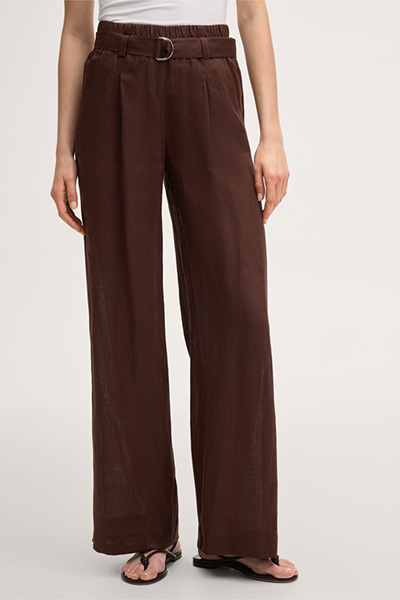 Leinen-Palazzo-Bundfalten-Hose mit Gürtel in Dunkelbraun