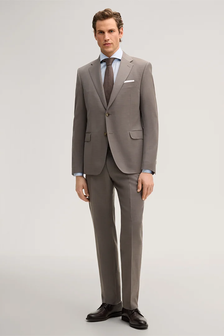 Leads to product detail page "Sera-Sole Virgin Wool Suit in Taupe"