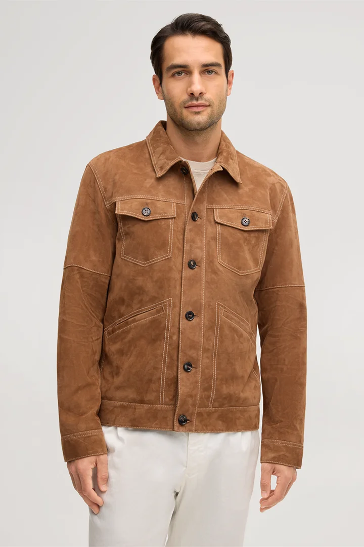 Führt zu Produktdetailseite „Ziegenvelours-Shirt-Jacket Luca in Camel"