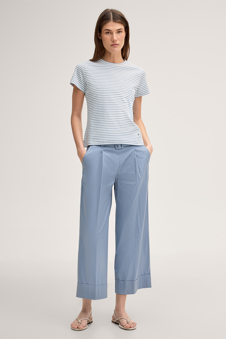 Leads to product detail page "Cotton interlock T-shirt in light blue and ecru stripes"