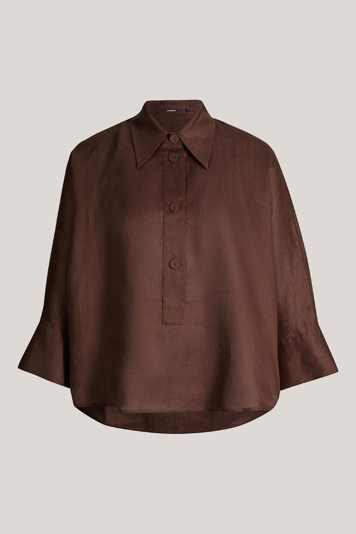 Leads to product detail page "Linen shirt blouse with turn-down collar in dark brown"