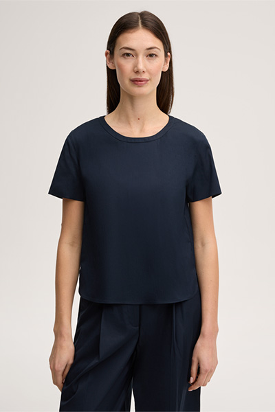 Baumwollstretch-Kurzarm-Bluse in Navy
