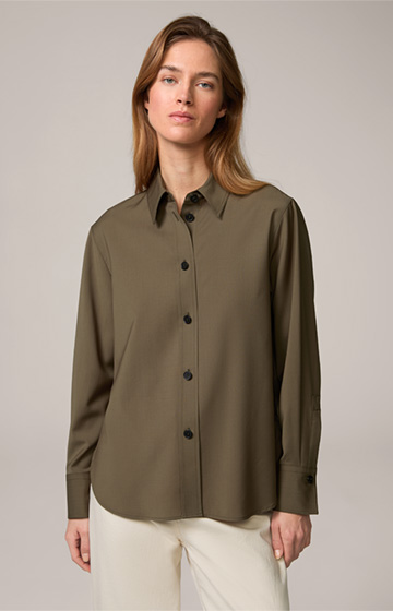 Virgin Wool Shirt-style Blouse in Olive