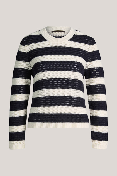 Schurwoll-Cashmere-Pullover in Navy-Ecru gestreift