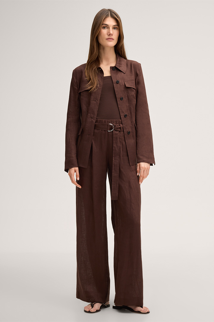 Leads to product detail page "Linen field jacket with belt in dark brown"