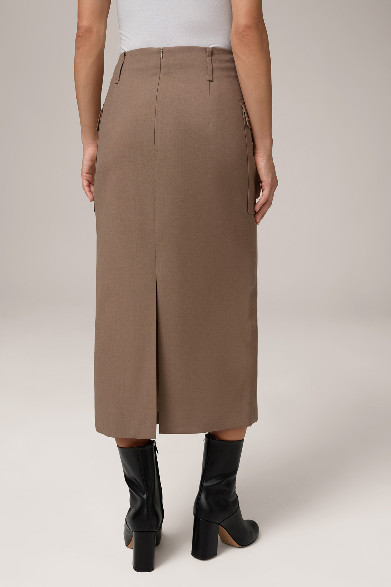 Midi-Length Virgin Wool Brown Pencil Skirt