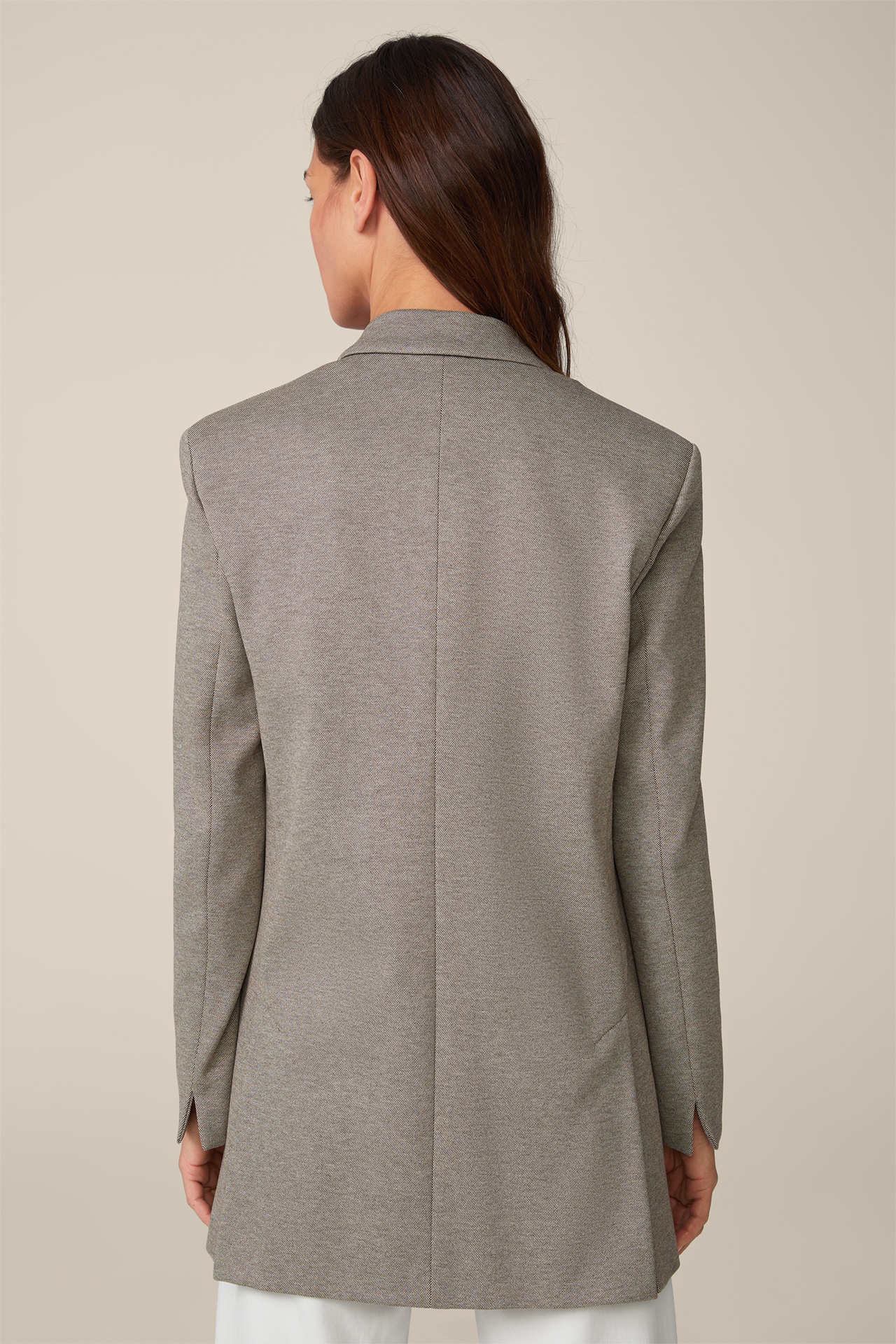 Jersey Double-breasted Long-line Blazer in a Brown and Ecru Pattern