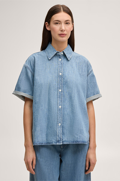 Jeans-Hemdbluse kurzarm in Mid Blue washed